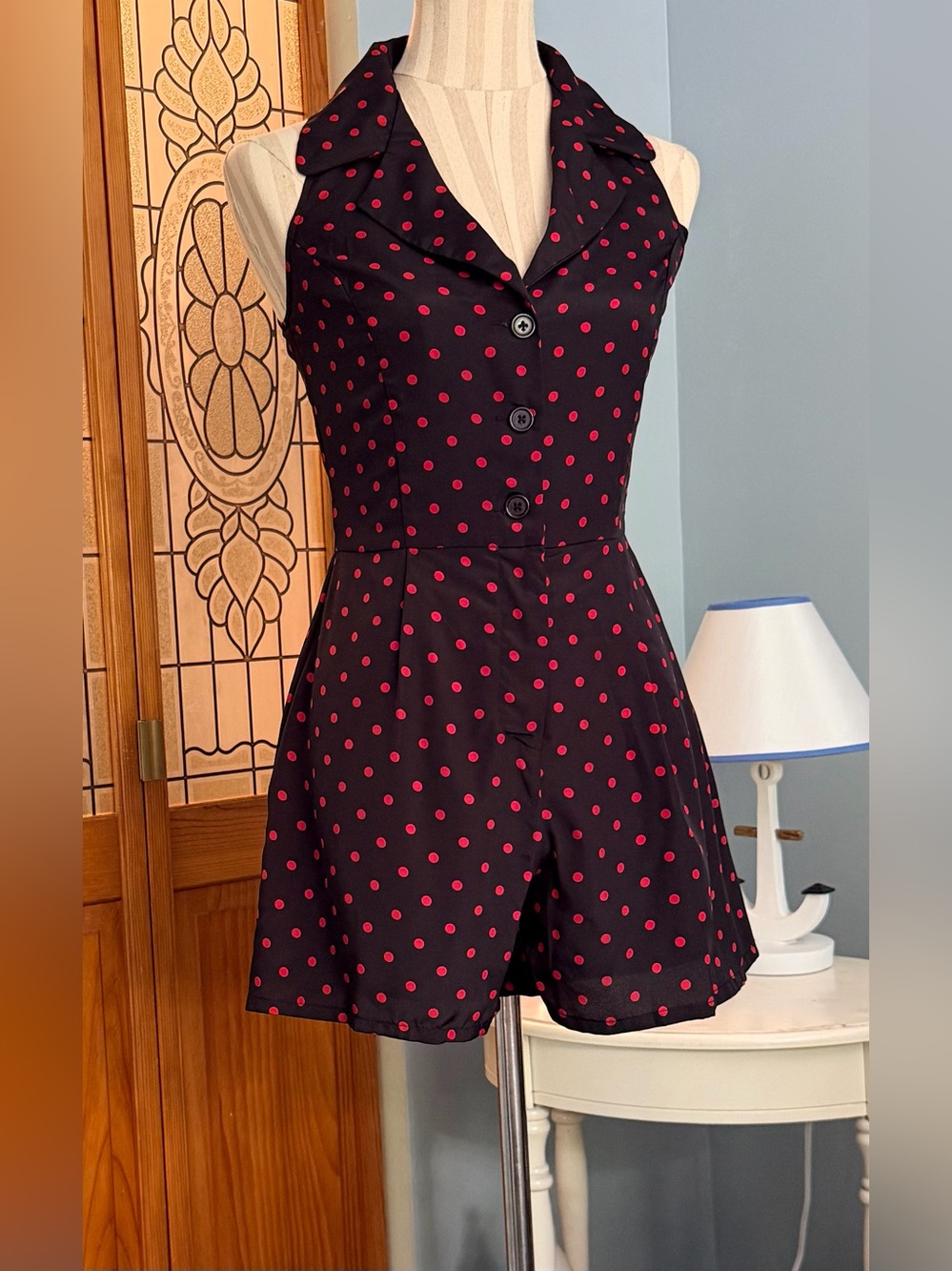 Pin up style Black Polka Dot Sleeveless Romper with Red Dots